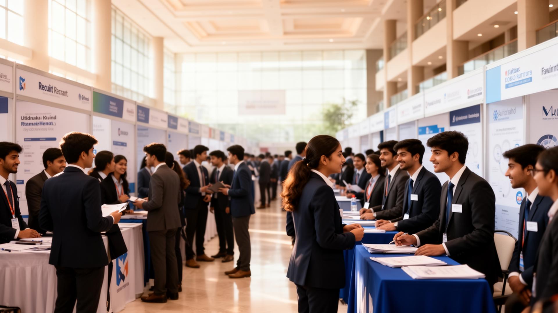 Job fair attendees networking with recruiters